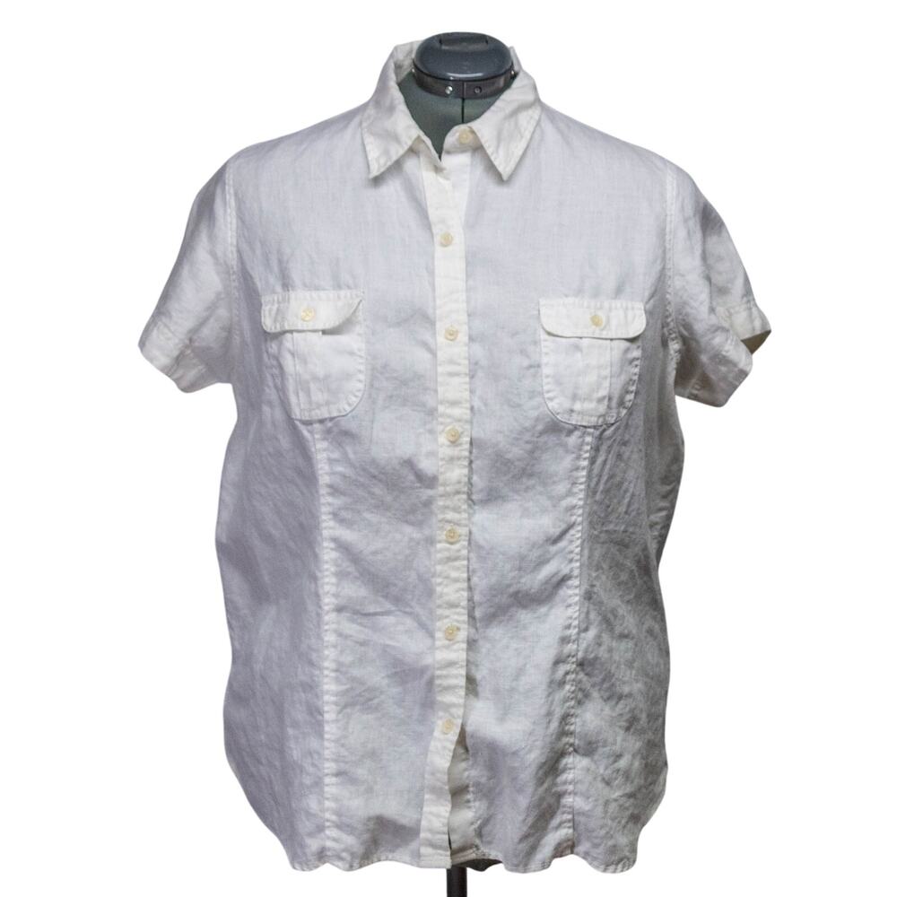 Women's 3X EDDIE BAUER White 100% Linen Button Up Dress Shirt